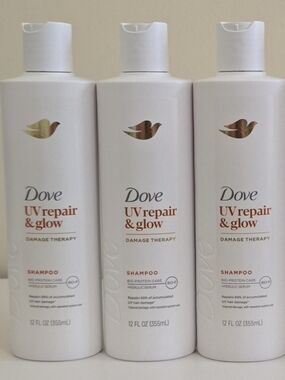Dove UV Repair & Glow Damage Therapy Shampoo Set - 3 White Bottles 12oz Ea